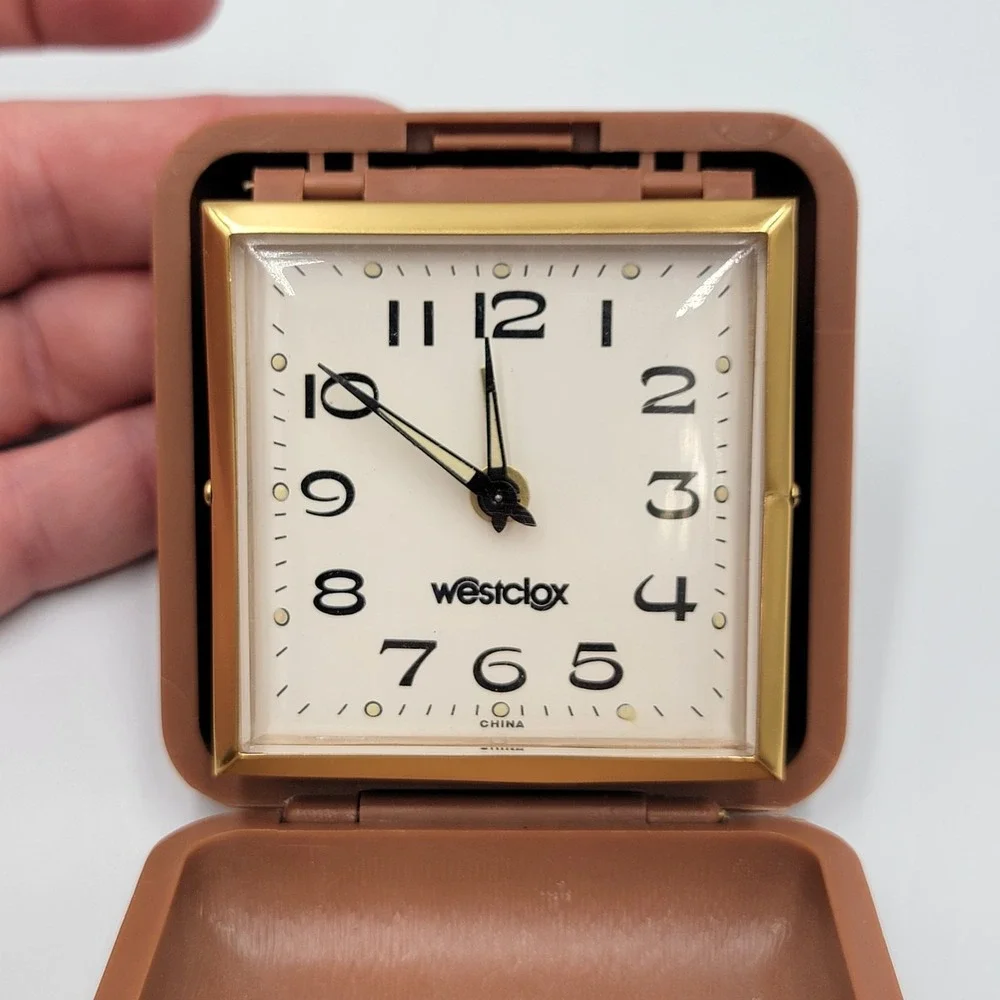 VINTAGE‎ WESTCLOX Travel Alarm Clock Wind-Up Brown Folding Case - Untested
